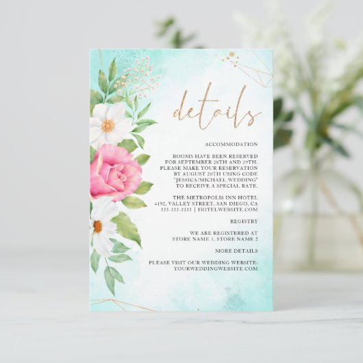 Pink Turquoise Ombre Floral Roos Wedding Details Informatiekaartje (Staand voorkant)
