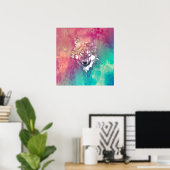 Pink Turquoise Waterverf Artistieke Abstracte Wolf Poster (Thuiskantoor)