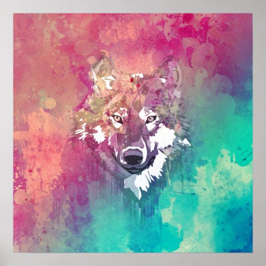 Pink Turquoise Waterverf Artistieke Abstracte Wolf Poster (Voorkant)
