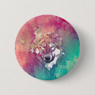Pink Turquoise Waterverf Artistieke Abstracte Wolf Ronde Button 5,7 Cm