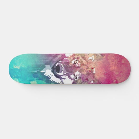 Pink Turquoise Waterverf Artistieke Abstracte Wolf Skateboard (Horizontaal)