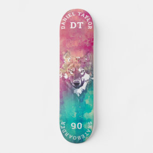 Pink Turquoise Waterverf Artistieke monogram Wolf Persoonlijk Skateboard