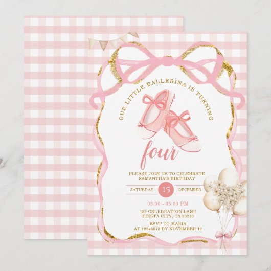 Pink Tutu Ballerina Gingham Verjaardag Kaart (Voorkant / Achterkant)