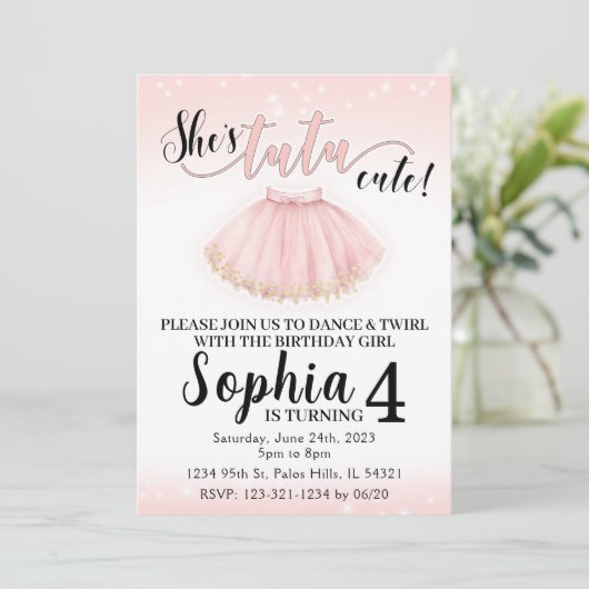 Pink tutu ballet ballerina verjaardagsuitnodiging kaart (Staand voorkant)