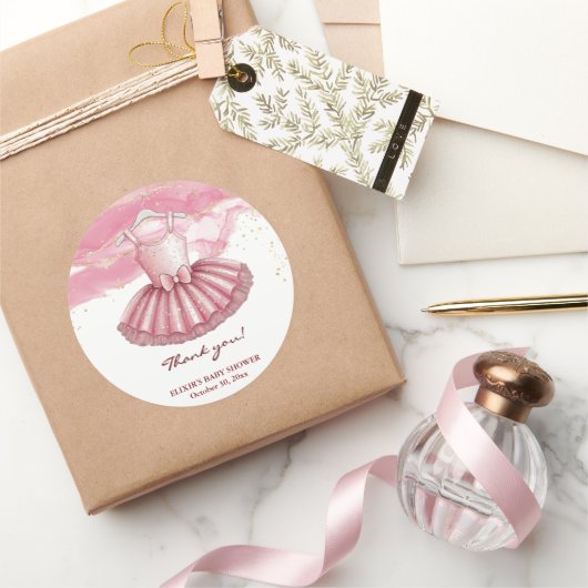 Pink Tutu Gold Glitters Baby shower Ronde Sticker (Geschenken)