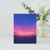 Pink Twilight Starry Night Meadow Briefkaart (Staand voorkant)