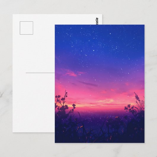 Pink Twilight Starry Night Meadow Briefkaart (Voorkant / Achterkant)
