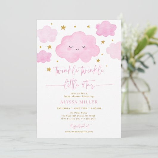 Pink Twinkle Star Cloud Baby shower Kaart (Staand voorkant)