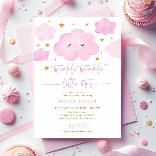 Pink Twinkle Star Cloud Baby shower Kaart