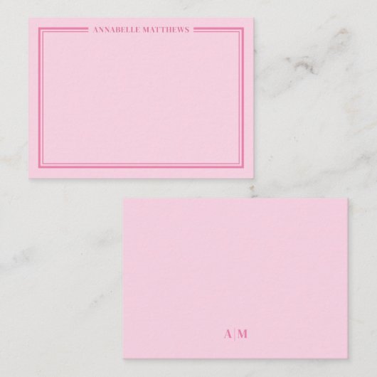 Pink Two Border Minimalist Name Monogram Notitiekaartje (Voorkant / Achterkant)