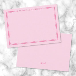Pink Two Border Minimalist Name Monogram Notitiekaartje
