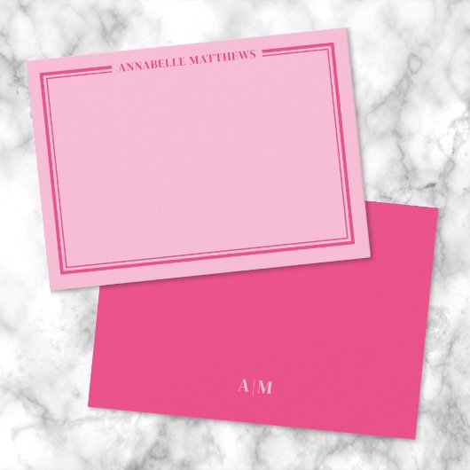Pink Two Border Minimalist Name Monogram Notitiekaartje