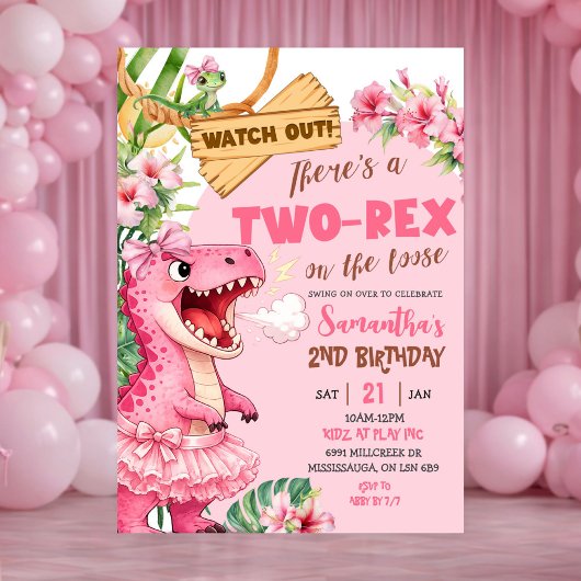 Pink Two Rex On The Loose Third Birthday Kaart