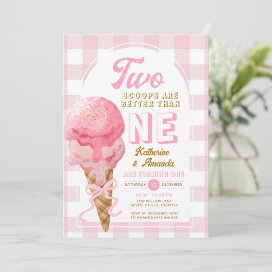 Pink Two scoops zijn beter dan een 1e verjaardag Kaart (Staand voorkant)