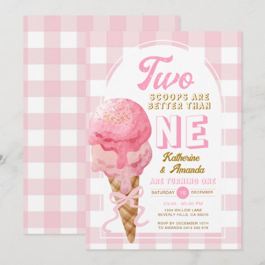 Pink Two scoops zijn beter dan een 1e verjaardag Kaart (Voorkant / Achterkant)