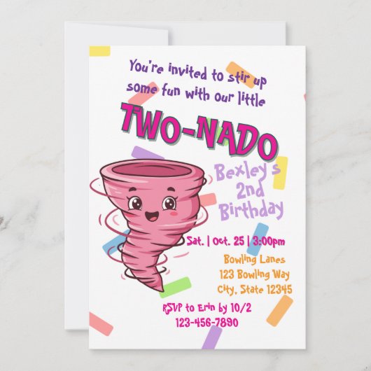 Pink TwoNado, 2nd birthday invitation Kaart (Voorkant)