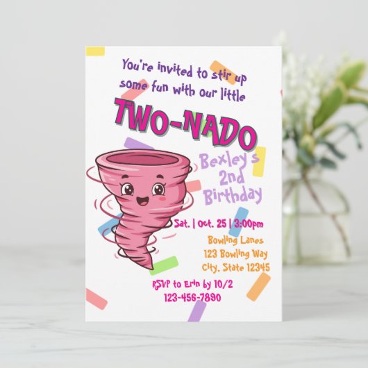 Pink TwoNado, 2nd birthday invitation Kaart (Staand voorkant)