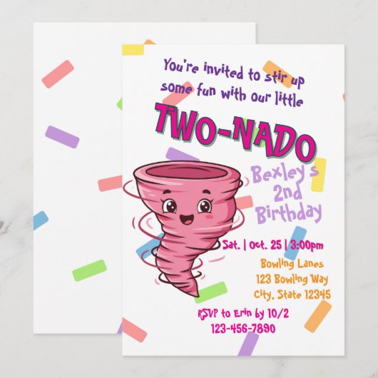 Pink TwoNado, 2nd birthday invitation Kaart (Voorkant / Achterkant)