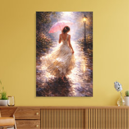 Pink Umbrella: Impasto Style Canvas Afdruk