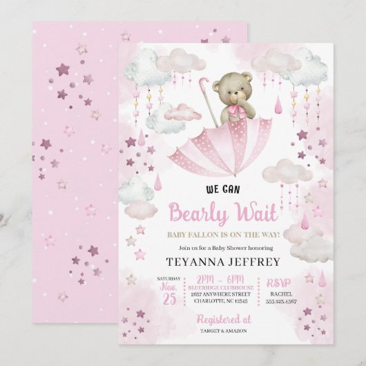 Pink Umbrella Teddy Bear Baby Sprinkle Baby shower Kaart (Voorkant / Achterkant)