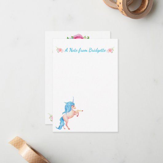  PInk Unicorn - Aangepaste Floral Notitiekaartje (Voorkant / Achterkant in situ)