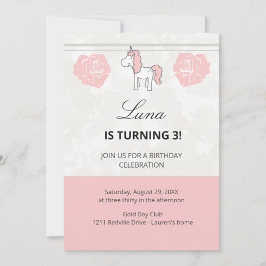 Pink Unicorn Floral Birthday Party Invitation Kaart (Voorkant)
