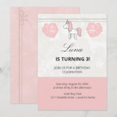 Pink Unicorn Floral Birthday Party Invitation Kaart (Voorkant / Achterkant)
