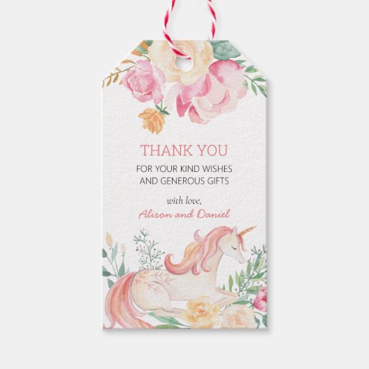 Pink Unicorn Floral Greenery Cadeaulabel (Voorkant)