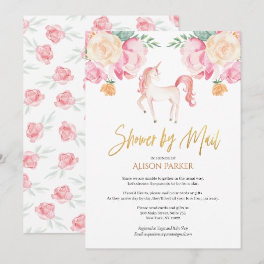 Pink Unicorn Floral Waterverf Baby shower per post Kaart (Voorkant / Achterkant)