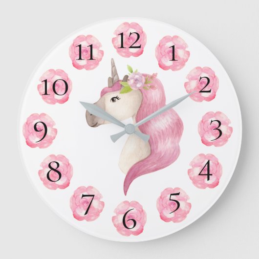 Pink Unicorn  Girly Pastel Floral Grote Klok (Voorkant)