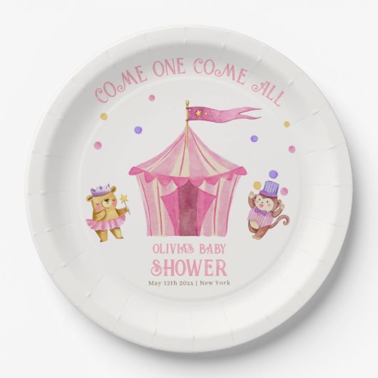 Pink Unique Circus Beer Monkey Baby shower Papieren Bordje (Voorkant)