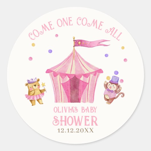 Pink Unique Circus Beer Monkey Baby shower Ronde Sticker (Voorkant)