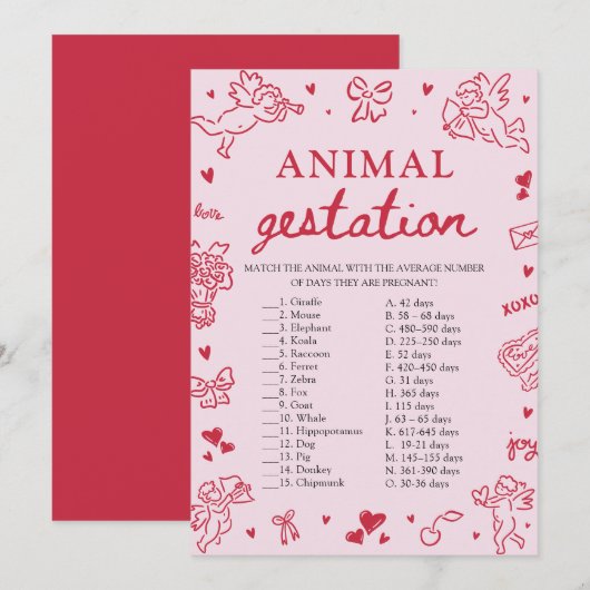 Pink Valentine Animal Gestation Baby Shower Game Kaart (Voorkant / Achterkant)