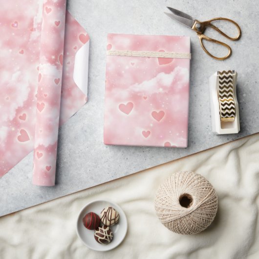 Pink Valentine Clouds Sky with Glowing Hearts Cadeaupapier (Crafts)