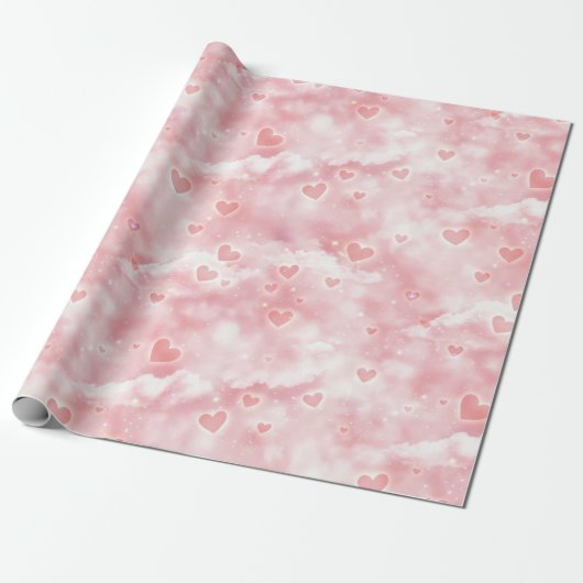 Pink Valentine Clouds Sky with Glowing Hearts Cadeaupapier (Uitgerold)