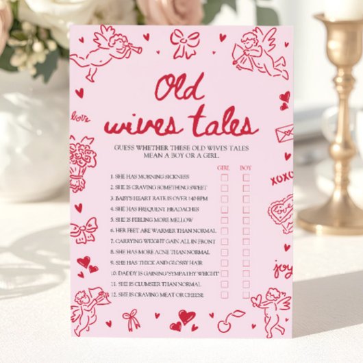 Pink Valentine Old Wives Tales Baby Shower Game Kaart