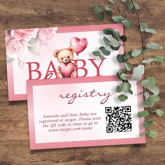 Pink Valentine Teddy Bear Registry Baby Shower Informatiekaartje
