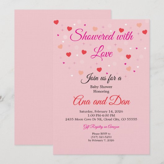 Pink Valentines Day Baby Shower Invitations Kaart (Voorkant / Achterkant)
