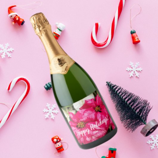 Pink Variegated Poinsettias Personalized Holiday Sparkling Wijnetiket