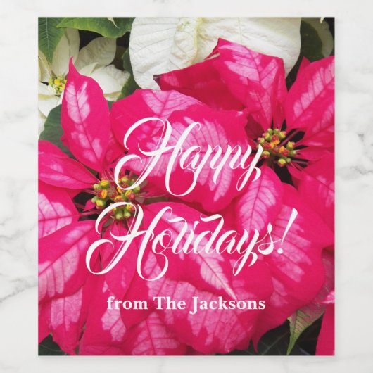 Pink Variegated Poinsettias Personalized Holiday Wijn Etiket (Enkel label)