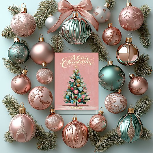 Pink Velvet Christmas Tree Foil Holiday Card Folie Feestdagenkaart