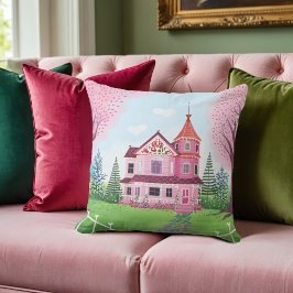 Pink Victorian House & Cherry Blossom Square Kussen