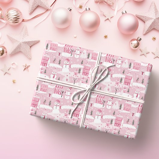 Pink Village Snowy Christmas Cadeaupapier