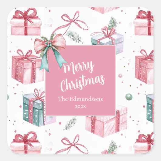 Pink Vintage Christmas Gift Packages Vierkante Sticker (Voorkant)