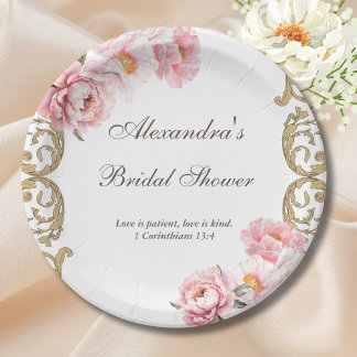 Pink Vintage Floral Peony Christian Bridal Shower Papieren Bordje