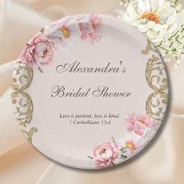 Pink Vintage Floral Peony Christian Bridal Shower Papieren Bordje