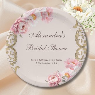 Pink Vintage Floral Peony Christian Bridal Shower Papieren Bordje