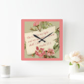 Pink Vintage Flowers Bible Verse Clock Vierkante Klok (Huis)