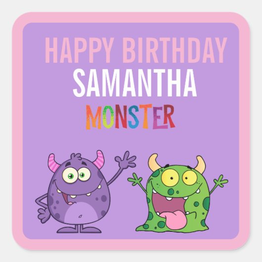 Pink violet monster Fun kids  Vierkante Sticker (Voorkant)