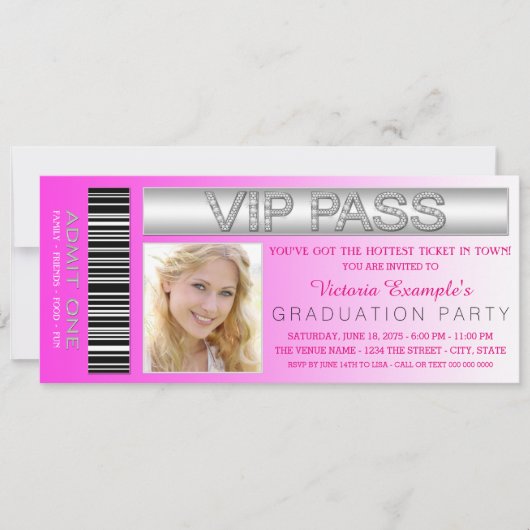Pink VIP Pass toegangsbewijs afstudeerfeest Kaart (Voorkant)